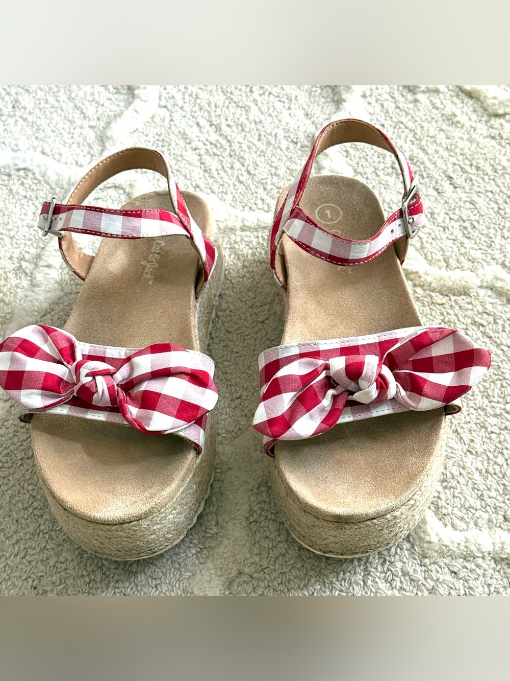 Cat & Jack Girl’s 1 Daphne Gingham Platform Espadrille Sandals Red White Bows